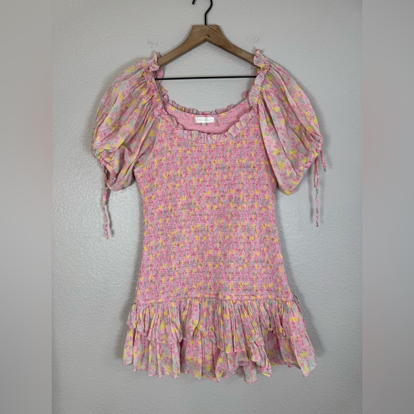 Loveshackfancy Violet Ruffle Mini Dress in Floral Melon Punch size Large $395 - Picture 3 of 16